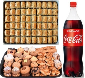 3 kilogram cevizli baklava 3 kilogram kuru pasta 3 x 1 litre cola